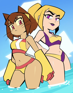 anthro bikini blonde_hair breasts brown_hair clothing duo eyebrows eyelashes female hair navel partially_submerged purple_eyes red_eyes seaside swimwear two-piece_swimsuit whiskers kyneonpy gameoverse glitch_productions kit_bodega miss_information domestic_cat felid feline felis human humanoid mammal 2026 hi_res
