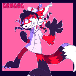 angry anthro black_hair claws clothing cross ear_tuft facial_hair fur hair headgear headwear male markings nurse nurse_clothing nurse_headwear pseudo_hair red_body red_fur simple_background smile solo teeth tentacles text toony tuft whisker_markings white_body white_fur yellow_eyes caroolcfa lapfox_trax renard_queenston canid canine fox mammal 1:1 hi_res