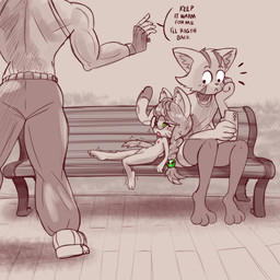 anthro bench blush bodily_fluids cellphone electronics female group male nerd nipples open_mouth phone sitting smartphone tail tears text tired trio young young_anthro young_female ichduhernz poni_(ichduhernz) domestic_cat felid feline felis human mammal 1:1 2026 english_text hi_res