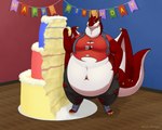 2_horns anthro belly big_belly birthday_cake cake claws clothed clothing dessert detailed_background digitigrade eating eating_food food fur grabbing_belly horn huge_belly male membrane_(anatomy) membranous_wings moobs navel obese obese_male overweight overweight_male red_body red_fur solo stuffing tail thick_tail thick_thighs torn_clothing white_body white_fur wings white-dragon mythology canid canine canis dragon hybrid mammal mythological_creature mythological_scalie scalie wolf 2025 5:4 hi_res