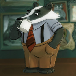anthro black_body black_nose bottomwear clothing container cup drinking male mug necktie overweight overweight_male pants shirt solo suspenders topwear white_body nickdrawing beastly_crimes beastly_crimes_(2024) chief_badger badger mammal mustelid musteline 1:1 2026 hi_res