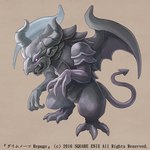 1:1 brown_background claws copyright_symbol dated english_text fangs feral full-length_portrait gargoyle gargoyle_(grimms_notes) grey_body grey_skin grimms_notes horn hunched_over inuhiro monster official_art open_mouth pointed_tail portrait purple_eyes simple_background solo symbol teeth text wings