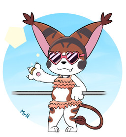 anthro bikini brown_body brown_fur claws clothing female fur happy heart-shaped_sunglasses jewelry smile solo swimwear tail two-piece_swimsuit white_body white_fur mr_harinezumi bandai_namco digimon mikasa_(el_senor_erizo) digimon_(species) felid feline felis mammal mikemon hi_res