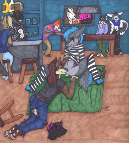 4_toes anthro ball bar barefoot bartender being_watched billiard_ball billiard_table billiards biped black_body black_claws black_clothing black_fur black_hair black_nose black_shirt black_topwear blue_body blue_bottomwear blue_clothing blue_fur blue_hair blue_nose blue_pants blue_shirt blue_tail blue_topwear blue_vulva bodily_fluids bottle bottomwear brown_body brown_bottomwear brown_clothing brown_fur brown_hair brown_pants brown_tail claws clothed clothing container cue_ball cunnilingus cup denim denim_bottomwear denim_clothing detailed_background discarded_clothing duo_focus exhibitionism eyes_closed fangs feet female female/female fingerless_(marking) footwear fur furniture genitals glass grey_body grey_fur grey_tail group hair hat headgear headwear holding_glass holding_object inside jeans kneeling leaning leaning_forward legwear long_hair looking_at_another markings multicolored_body multicolored_fur multicolored_tail open_mouth oral pants pattern_clothing pattern_footwear pattern_legwear pattern_socks pattern_stockings pattern_topwear pink_tongue public red_body red_fur sex shirt shocked sitting smile smirk snout socks spots spotted_body spotted_fur standing stockings stool striped_clothing striped_footwear striped_legwear striped_socks striped_stockings striped_topwear stripes sweat sweatdrop table tail tail_tuft tan_body tan_fur teeth toe_claws toeless_footwear toeless_socks toes tongue tongue_out topwear torn_clothing tuft two_tone_body two_tone_fur vaginal vulva white_body white_claws white_fur white_spots wide_eyed gossamercrane blizzard_entertainment warcraft alt charlee rome_(feuerfrei) asinus canid canine donkey equid equine fox horse mammal mephitid skunk werecanid werecreature worgen 2012 hi_res marker_(artwork) signature traditional_media_(artwork)