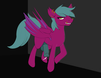 animal_genitalia animal_penis balls bodily_fluids cum ear_piercing ear_ring equine_genitalia equine_penis erection eyelashes fangs feral genital_fluids genitals half-closed_eyes hooves leaking_cum looking_at_viewer male narrowed_eyes penis piercing pink_body precum raised_leg ring_piercing sharp_teeth simple_background smile solo standing tail teeth wings villegreen hasbro my_little_pony bat_pony equid equine horse mammal pony hi_res