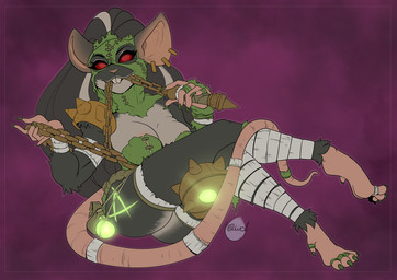 5_fingers anthro areola areola_slip bandage breasts buckteeth chain chain_in_mouth cleavage clothed clothing colored_nails crossed_legs digit_ring ear_piercing ear_ring feet female fingernails fingers fur green_fingernails green_mask green_nails grey_body grey_fur grey_hair hair jewelry looking_at_viewer mask medium_breasts nails piercing red_eyes ring ring_piercing shoulder_pads simple_background solo teeth toe_ring toes wearing_mask yawg warhammer_(franchise) rykhana_(narcoberry) mammal rodent skaven 2023