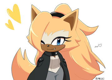accessory alternate_hairstyle anthro big_tail black_clothing black_jacket black_topwear blue_eyes bottomwear brown_body clothing curved_tail eyelashes fangs female fur grey_bottomwear grey_clothing hair hair_accessory heart_symbol jacket long_hair one_eye_closed ponytail smile solo tail tan_body tan_fur tan_hair tan_tail teeth topwear white_body white_clothing white_fur white_topwear wink 4622j idw_publishing sega sonic_the_hedgehog_(comics) sonic_the_hedgehog_(idw) sonic_the_hedgehog_(series) whisper_the_wolf canid canine canis mammal wolf hi_res watermark