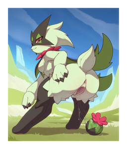 anthro anus areola biped bodily_fluids border breast_curtains breasts butt female female_anthro flower_trick fur genital_fluids genitals green_body medium_breasts pink_areola pupils shortstack smile solo vaginal_fluids vulva white_border kekitopu nintendo pokemon generation_9_pokemon meowscarada pokemon_(species) absurd_res hi_res