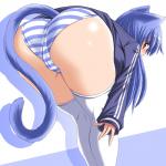 bent_over big_butt blue_body blue_fur blue_hair blush bottomwear butt camel_toe cat_tail clothed clothing female fur hair legwear looking_at_viewer looking_back panties pattern_bottomwear pattern_clothing pattern_panties pattern_underwear rear_view simple_background solo stockings striped_bottomwear striped_clothing striped_panties striped_underwear stripes underwear white_background tonpuu animal_humanoid cat_humanoid felid felid_humanoid feline feline_humanoid humanoid mammal mammal_humanoid 1:1