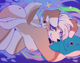anthro bedroom_eyes big_butt blue_eyes breasts brown_body brown_fur butt feathered_wings feathers female female_anthro floppy_ears fur grin hair looking_at_viewer mole_under_eye mole_under_mouth narrowed_eyes naughty_face plushie seductive short_hair smile solo tail white_hair wings nastycalamari canid canine canis domestic_dog mammal 2025 digital_media_(artwork) hi_res