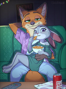 3_toes 4_fingers accessory aloha_necktie aloha_shirt anthro arm_around_partner arm_around_waist belt beverage blue_body blue_skin blush bottomwear bowl bridal_carry calm carrot carrot_chips carrying_another chips_(food) closed_smile clothing container duo eating eating_food feet female fingers food front_view fur furniture green_clothing green_eyes green_shirt green_sofa green_topwear grey_body grey_bottomwear grey_clothing grey_ears grey_fur grey_nose grey_pants grey_tail half-closed_eyes hand_behind_head looking_at_viewer loose_shirt male male/female mouth_closed movie_night narrowed_eyes night on_lap on_sofa orange_body orange_fur orange_skin orange_tail pants pattern_clothing pattern_shirt pattern_topwear pink_nose plant purple_clothing purple_eyes purple_shirt purple_topwear room_background shirt sitting sitting_on_lap sitting_on_sofa smile snack soda sofa tail toes topwear vegetable white_bottomwear white_bowl white_clothing white_shirt white_topwear meircmei disney zootopia judy_hopps nick_wilde canid canine fox lagomorph leporid mammal rabbit red_fox true_fox 3:4 absurd_res hi_res signature