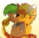 ambiguous_gender blush blush_lines carrying_another cheek_to_cheek dragon_tail duo eyes_closed feral green_eyes happy hug on_shoulders scarf skin_pattern tail_wrapped neko-me friendship_is_magic hasbro my_little_pony fan_character earth_pony equid equine horse hybrid mammal pony hi_res