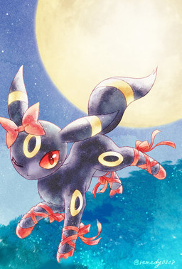 ambiguous_gender black_body black_fur blush blush_lines bow_ribbon clothing feral fur grass legwear legwear_only looking_at_viewer markings moon one_eye_closed plant red_eyes ring_(marking) sky solo star starry_sky remedy0308 nintendo pokemon eeveelution generation_2_pokemon pokemon_(species) umbreon 2025 hi_res signature