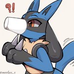 ambiguous_gender anthro blue_body blue_fur container cup fur interrobang orange_eyes simple_background solo spikes spikes_(anatomy) stuck tail tail_motion tailwag yellow_body yellow_fur meekax_x nintendo pokemon generation_4_pokemon lucario pokemon_(species) 1:1 2024 hi_res signature