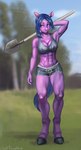 abs anthro army blue_eyes bottomwear breasts clothed clothing female hooves muscular muscular_female muscular_legs purple_body shorts solo topic catpumpkin equid equine horse mammal absurd_res hi_res