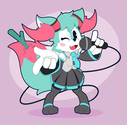 3_toes 4_fingers :3 accessory alternate_color alternate_species ambiguous_gender anthro arm_tuft black_body black_fur blue_body blue_fur blush blush_lines blush_stickers bottomwear cheek_tuft clothed clothing cosplay crossover_cosplay cute_fangs digitigrade dipstick_tail electronics facial_tuft fangs feet fingers fur holding_microphone holding_object inner_ear_fluff legwear looking_at_viewer male markings microphone multicolored_body multicolored_fur necktie object_in_tail one_eye_closed open_mouth open_smile pink_body pink_fur shirt shoulder_tuft simple_background skirt smile solo standing stick stick_in_tail tail tail_markings teeth thigh_highs toes topwear tuft white_body white_fur wink winking_at_viewer efextex nintendo pokemon vocaloid yamaha_corporation fan_character hatsune_miku roflfox braixen generation_6_pokemon pokemon_(species) 2026 crossover digital_media_(artwork) hi_res male_(lore)