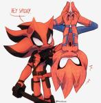 anthro blush clothing cosplay costume crossover_cosplay dialogue duo holding_object male simple_background text upside_down white_background spacecolonie marvel sega sonic_the_hedgehog_(series) spider-man_(series) deadpool shadow_the_hedgehog sonic_the_hedgehog spider-man_(character) eulipotyphlan hedgehog mammal 2017 absurd_res crossover english_text hi_res