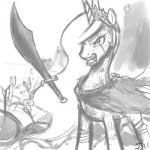 angry arrow_(weapon) arrowed cape clothing female feral horn melee_weapon parody ranged_weapon solo spartan_armor_(roman) sword warrior weapon wings john_joseco 300_(film) friendship_is_magic hasbro my_little_pony mythology king_leonidas_(300) princess_celestia_(mlp) spartan_(roman) equid equine horse mammal mythological_creature mythological_equine pony winged_unicorn 1:1 crossover monochrome