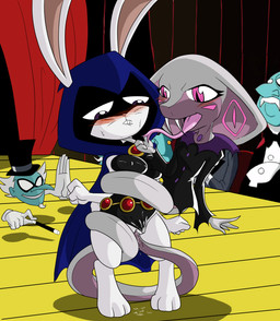 alternate_species anthro anthro_on_anthro anthro_penetrated being_watched big_breasts bite biting_lip biting_own_lip blush bodily_fluids breasts buckteeth clitoris crowd dripping duo_focus erect_nipples female female/female female_penetrated forked_tongue genital_fluids genitals group interspecies looking_at_another male nipple_outline nipples penetration pink_eyes pupils purple_eyes self_bite sex shortstack slit_pupils tail tail_fetish tail_in_vagina tail_insertion tail_play tail_sex teeth tongue tongue_out vaginal vaginal_fluids vaginal_penetration vulva slashysmiley cartoon_network dc_comics teen_titans teen_titans_(television_series) bunny_raven jinx_(dc) raven_(dc) the_amazing_mumbo human lagomorph leporid mammal rabbit reptile scalie snake 2016 character_request digital_media_(artwork) hi_res