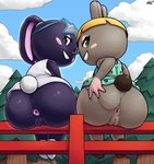 2023 absurd_res animal_crossing anthro anus big_butt black_body black_fur blonde_hair bonbon_(animal_crossing) bottomless brown_body brown_fur butt clothed clothing collaboration duo eyewear eyewear_on_head female fence fur genitals hair hi_res lagomorph leporid looking_at_viewer looking_back looking_back_at_viewer mammal nintendo pussy rabbit revtilian sitting smile smiling_at_viewer sr sunglasses sunglasses_on_head vib-ribbon vibri vibri_(sr)