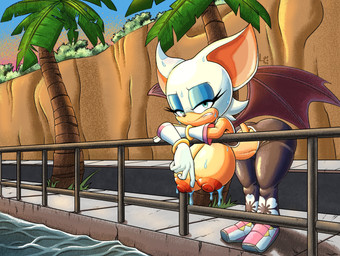 areola bangle big_breasts big_ears bite biting_lip biting_lower_lip blue_eyeliner blue_eyes bodily_fluids bottomwear breasts cliff clothed clothing eyelashes eyeliner female footwear fur gloves grass handwear huge_breasts jewelry leaning_on_object lipstick makeup narrowed_eyes nipples palm_tree palms pants plant railing raised_clothing raised_shirt raised_topwear ring_(jewelry) shirt shoes shrub sidewalk solo sportswear spread_wings sweat sweatpants tail tan_body topwear tree water white_body white_fur wide_hips wings fuzzycogs sega sonic_the_hedgehog_(series) rouge_the_bat bat mammal absurd_res hi_res