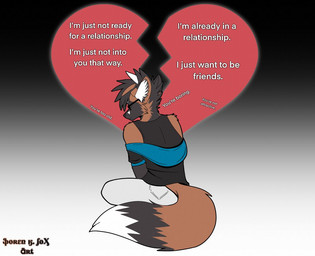 anthro biped black_body black_fur bottomwear broken_heart clothing eyewear fur glasses male orange_body orange_fur pants sitting sitting_on_ground slim_anthro slim_male solo text wearing_glasses white_bottomwear white_clothing white_pants sorenkfox canid canine fox mammal 2025 english_text