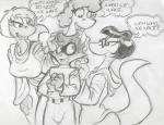 anthro big_breasts breasts dialogue eyelashes eyewear female glasses group hair male smile speech_bubble suggestive text king-cheetah endtown jim_jensen lizard mammal procyonid raccoon reptile scalie english_text greyscale monochrome