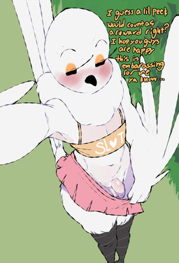 anthro balls beak black_eyes bottomwear clothed clothing crop_top crossdressing dialogue feathers femboy flaccid flashing_penis front_view genitals humanoid_genitalia humanoid_penis male miniskirt miniskirt_pull neck_tuft penis shirt skirt solo tail tail_feathers text thick_thighs topwear tuft meweeze burd_(meweeze) avian bird 2026 english_text hi_res