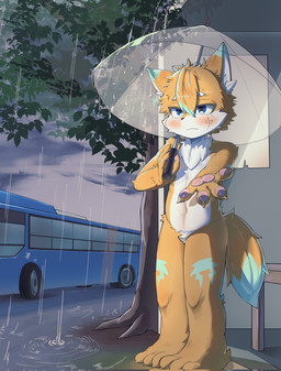 anthro blush bus commercial_vehicle featureless_crotch kemono male nude outside plant raining solo tree umbrella vehicle puru canid canine mammal hi_res