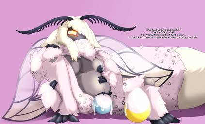 anthro egg female goldensunmasterrpg lying neriah oviposition silky_moth solo text transformation dig72 vextrix arthropod insect lepidopteran moth silkmoth english_text hi_res mother_(lore) parent_(lore)