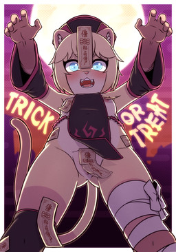 anthro biped blue_eyes blush clothed clothing female front_view genitals hair headgear headwear holidays jiangshi_costume loli looking_at_viewer low-angle_view nipples ofuda open_mouth outside pupils pussy_peek solo tail talisman thick_thighs vulva young young_anthro young_female gi0 halloween felid mammal absurd_res hi_res