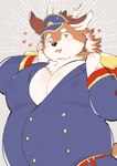 anthro blush brown_body brown_fur clothing fur hat headgear headwear horn looking_at_viewer male military_cap military_uniform moobs nipples overweight overweight_male solo uniform kijima222 tamacolle kazusa deer mammal