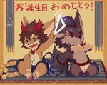 2_horns anthro bell biped blue_eyes cake chibi curved_horn dessert duo eating eating_cake fangs food fur grey_body grey_fur halo holding_halo horn male orange_body orange_fur red_eyes sitting sitting_on_ground teeth triangle_halo nekokaii canid canine canis fox mammal wolf 2018 hi_res