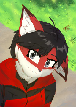 anthro black_hair calm clothing dirt_path female fluffy fur grass hair midday park peaceful plant red_body red_clothing red_fur relaxing short_hair smile smiling_at_viewer solo walking white_body white_fur shuiroraijin canid canine fox mammal hi_res
