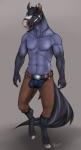 abs anthro belt biceps biped black_body black_fur black_hair blue_body blue_eyes blue_fur blue_roan_(marking) bottomwear chaps clothed clothing fur hair looking_at_viewer male muscular muscular_anthro muscular_male nipples pants pecs pink_nose pose shorts solo standing topless melzi dakota_(dark_stallion) equid equine horse mammal hi_res