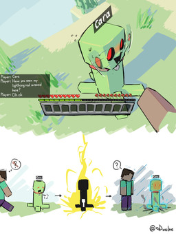 ambiguous_gender ambiguous_penetration collar dildo dildo_sitting electricity embarrassed first_person_view grass green_body heart_symbol heart_tag lightning looking_at_viewer male penetration plant quadruped question_mark raining red_collar red_eyes sand sex_toy shadow sitting sitting_on_ground smoke speech_bubble sugar_cane text water dwelne microsoft minecraft mojang xbox_game_studios steve_(minecraft) creeper_(minecraft) monster absurd_res english_text hi_res