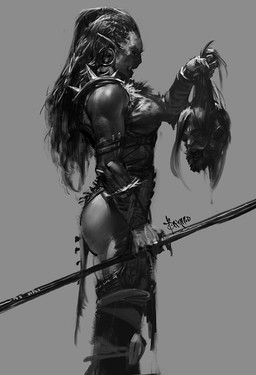 armor decapitation ear_piercing female hair hair_grab holding_object holding_weapon humanoid_pointy_ears long_hair melee_weapon not_furry piercing pointy_ears polearm severed_body_part severed_head shoulder_guards side_view solo spear standing touching_hair weapon bayard_wu human humanoid mammal orc 2016 greyscale monochrome