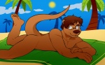 anthro beach biped brown_body brown_eyes brown_fur brown_hair brown_nose butt cloud eyewear eyewear_only feet fur glasses glasses_only hair lying male nude nude_beach on_towel outside palm_tree plant seaside sky solo sun towel tree wearing_glasses vasuki mammal mustelid otter