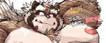 anthro blush male moobs nipples overweight overweight_anthro overweight_male simple_background solo text tongue tongue_out kotobuki lifewonders tokyo_afterschool_summoners goemon_(tas) canid canine mammal raccoon_dog tanuki 2019 japanese_text