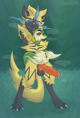 animal_genitalia animal_penis anthro anthro_on_anthro anus aroused balls big_knot big_penis black_balls black_body blue_eyes bodily_fluids canine_genitalia canine_penis claws duo erection fangs female forest forest_background fur genital_fluids genitals grass_field green_body hand_on_chest holding_another hug hugging_another humanoid_genitalia humanoid_vulva knot knotted_penis looking_at_another looking_down male male/female nature nature_background penis plant precum raised_tail red_anus red_eyes red_knot red_penis red_vulva semi-anthro shaking size_difference smile surprised tail teeth thick_penis throbbing throbbing_penis toe_claws tree vulva yellow_body yellow_fur zig_zag_pattern shieshuqqq nintendo pokemon felid feline generation_5_pokemon generation_7_pokemon legendary_pokemon mammal pokemon_(species) reptile scalie snake snivy zeraora hi_res