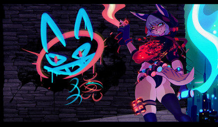 anthro brick_wall butt city clothing female gloves graffiti hair handwear heterochromia hood jacket legwear looking_at_viewer outside purple_hair smile solo stockings tail topwear underwear wall_(structure) mxl felid mammal 2023 digital_media_(artwork) hi_res