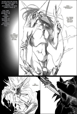 animal_genitalia anthro battle bottomwear bulge clothed clothing detailed_bulge dialogue duo fight fur genitals hair holding_object invert inverted_color jacket knife knife_to_throat male male/male melee_weapon nude one-piece_swimsuit open_mouth pants sheath shirt simple_background swimwear teeth text thick_thighs topwear weapon white_clothing codlam lemony_(codlam) canid canine fox mammal scalie 2026 comic digital_media_(artwork) english_text hi_res monochrome signature
