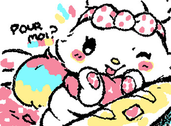 accessory ambiguous_anthro ambiguous_gender anthro baguette black_eyes black_text blep blush blush_lines bread chibi dialogue eyelashes featureless_hands food fur fur_tuft hair_accessory hair_ribbon looking_at_viewer multicolored_body multicolored_fur multicolored_tail neck_tuft one_eye_closed pink_blush pink_tongue pink_tuft polka_dots question_mark ribbons simple_eyes solo squigglevision tail text tongue tongue_out tuft white_body white_fur wink winking_at_viewer yellow_nose ligma_(artist) sanrio wish_me_mell mell lagomorph leporid mammal rabbit 2025 animated digital_media_(artwork) flat_colors french_text low_res wigglypaint_(artwork) female_(lore)