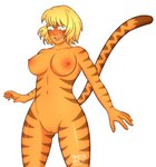 big_breasts blonde_hair blush breasts butt female fur green_eyes hair nipples nude orange_body orange_fur solo stripes surprise tamedanee clixsposing_kitraandra kitraandra alien humanoid varkeeg hi_res