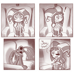 4_fingers anthro big_pupils chair confusion crossed_arms crumbs crumbs_on_face curled_up dilated_pupils duo eating_popcorn eye_contact eyebrows female fetal_pose fingers food furniture looking_at_another male motion_lines movie_theater neutral_expression on_chair open_mouth popcorn pupils raised_eyebrow sitting sitting_on_chair speech_bubble watching_movie wide_eyed screaming_alice glitch_productions the_amazing_digital_circus jax_(tadc) pomni_(tadc) humanoid lagomorph leporid mammal rabbit 1:1 comic hi_res