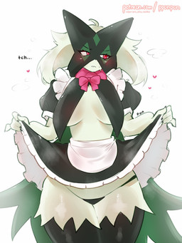 anthro big_breasts black_clothing black_panties black_underwear blush bodily_fluids bottomwear breast_curtains breasts clothed clothing clothing_lift female female_anthro front_view fur inner_boob looking_away maid_uniform panties presenting_underwear skirt skirt_lift solo standing steam sweat tch under_boob underwear uniform pponpon_pon nintendo pokemon generation_9_pokemon meowscarada pokemon_(species) 3:4 hi_res