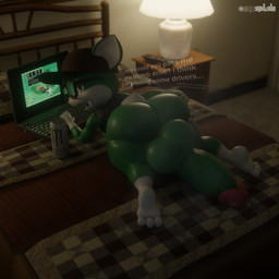 anthro balls baseball_cap bed big_balls big_butt big_penis bodily_fluids bottomless bottomless_male butt clothed clothing computer dialogue electronics eyewear fangs freckles furniture genitals glasses half-closed_eyes hat headgear headwear huge_balls huge_penis hyper hyper_balls hyper_genitalia hyper_penis laptop looking_at_viewer looking_back looking_back_at_viewer lying lying_on_bed male monster_energy_can musk musk_cloud musky_balls musky_penis narrowed_eyes night on_bed on_front penis scratching_butt shirt solo sweat sweatdrop sweaty_butt talking_to_viewer tank_top teeth text thick_thighs topwear white_monster onyxsplash monster_energy sega sonic_riders sonic_the_hedgehog_(series) thinkpad fan_character jet_the_hawk vincent_(onyxsplash) gaia mammal absurd_res hi_res