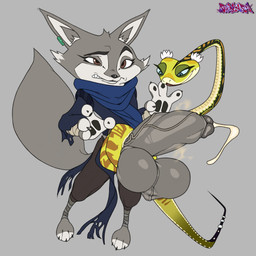 anthro anthro_on_feral ball_squeeze balls bestiality big_balls big_penis blue_eyes bodily_fluids brown_eyes claws clenched_teeth clothed clothing cock_and_ball_torture coiling coiling_around_penis countershade_face countershading cum cum_string dominant dominant_female dominant_feral duo ear_piercing eyelashes female feral genital_fluids genital_torture genitals gential_raphe green_body grey_body gynomorph huge_balls huge_penis humanoid_genitalia humanoid_penis intersex markings musk musky_penis pained_expression paws penis penis_squeeze piercing raphe_(anatomy) sharp_teeth smile submissive submissive_anthro submissive_gynomorph submissive_intersex tail teeth vein veiny_penis redalarm dreamworks kung_fu_panda master_viper zhen_(kung_fu_panda) canid canine corsac_fox fox mammal reptile scalie snake true_fox viper 1:1 2024 absurd_res digital_drawing_(artwork) digital_media_(artwork) hi_res