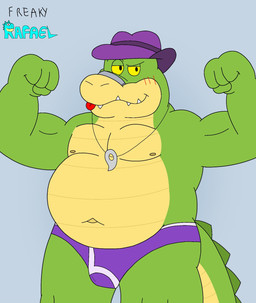4_fingers anthro belly biped blue_background blush briefs bulge clothing fingers green_body hat headgear headwear humanoid_hands male moobs musclegut muscular navel nipples overweight overweight_male purple_briefs purple_clothing purple_underwear red_tongue simple_background solo standing tongue tongue_out underwear white_seam_briefs freakyrafael brok_the_investigator cowcat_games brok_(brok_the_investigator) alligator alligatorid crocodilian reptile scalie 2026 hi_res