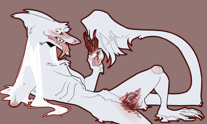 andromorph andromorph_anthro anthro blood blood_from_vagina blood_in_pussy blood_on_finger blood_on_pussy blood_on_thigh blush bodily_fluids brown_background clitoral_hood eye_bags fur genital_fluids genitals gesture grey_body grey_fur hair hand_gesture intersex intersex_anthro long_hair lying menstruation missing_arm nosebleed nude_andromorph nude_anthro on_back prehensile_clitoral_hood ribs sharp_teeth simple_background slim solo tail tail_tuft teeth tongue tongue_out tuft v_sign vulva white_hair wounded hamham_gd eek_(hamham_gd) sergal hi_res